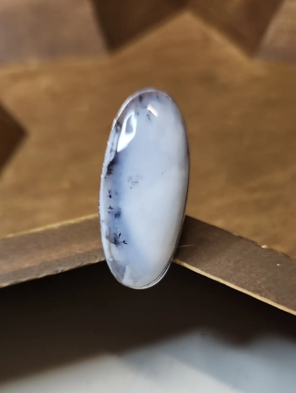 Handcrafted White Dendritic Opal Oval Ring - Women Jewelry